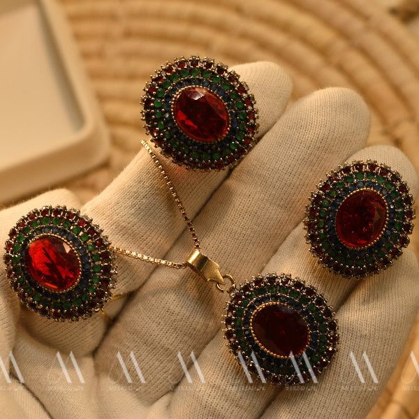 Gorgeous Design Gold Plated Real Stones Necklace Set For Girls/Women