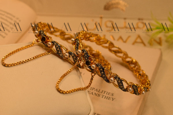Stylish Unique Design Real Stones Gold Plated 2pc Bangles Set for Girls/Women
