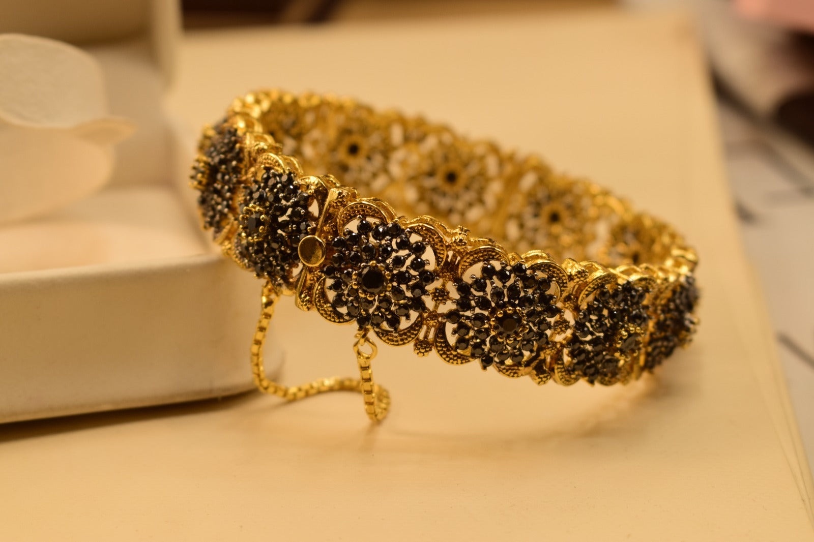 24K One Dip Indian Gold Plated Black Colour Stone Kara Bangles for Girls/Women