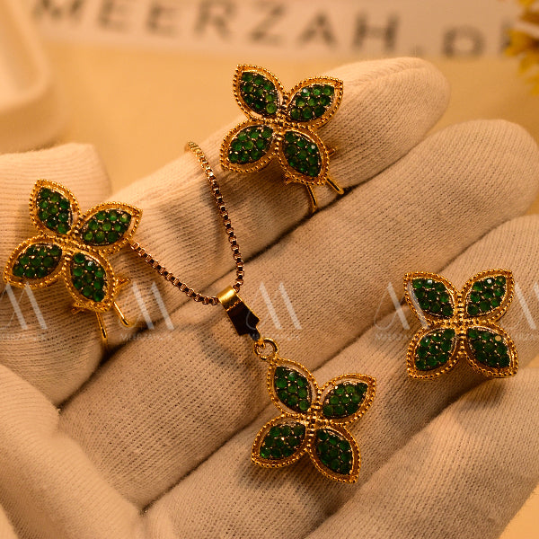 Unique Flower Design Gold Plated Real Stones Necklace Set for Girls/Women