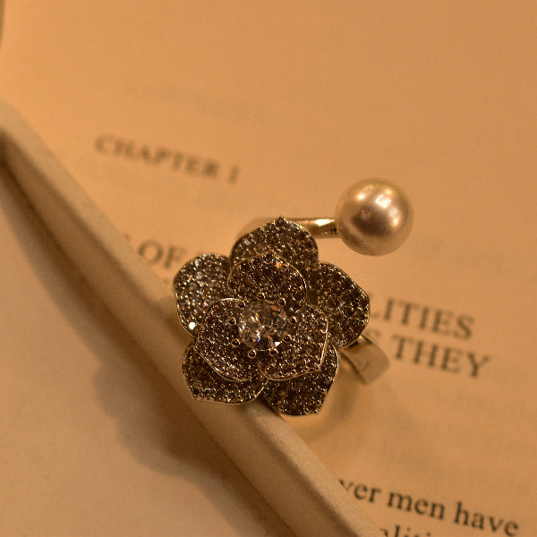 Elegant Flower Design Crystal Stones Pearl Ring For Girls/Women