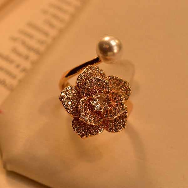 Elegant Flower Design Crystal Stones Pearl Ring For Girls/Women
