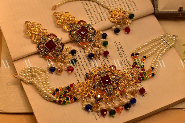 24k Gold Plated Real Stones Pearls Choker Set for Girls/Women