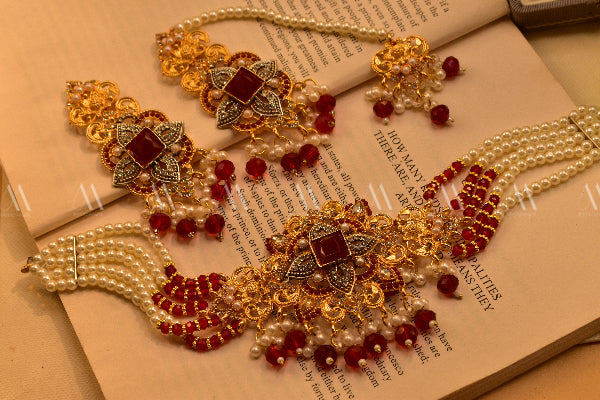 24k Gold Plated Real Stones Pearls Choker Set for Girls/Women