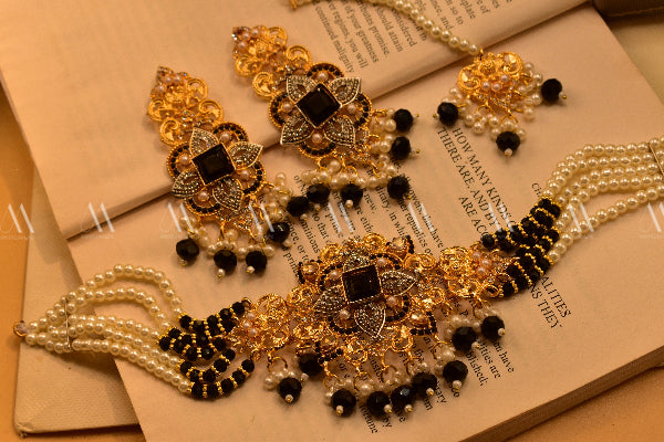 24k Gold Plated Real Stones Pearls Choker Set for Girls/Women