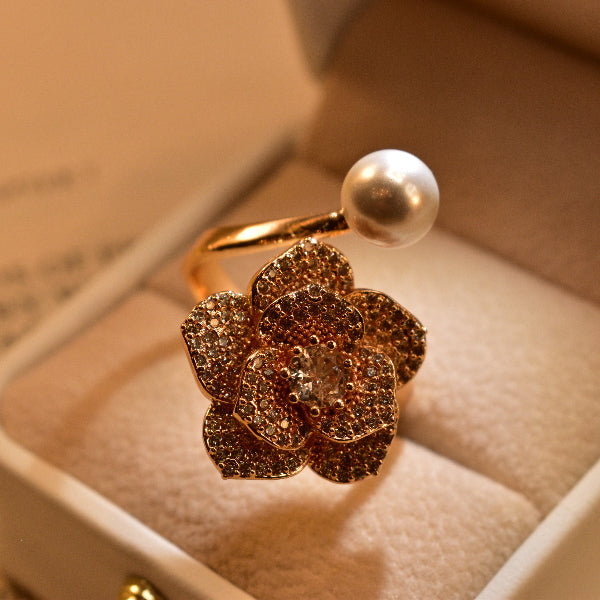 Elegant Flower Design Crystal Stones Pearl Ring For Girls/Women