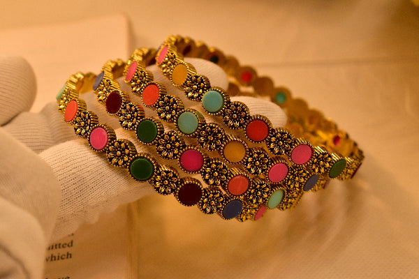 Stylish Unique Design Multi Stones 4pc Bangle Set for Girls/Women