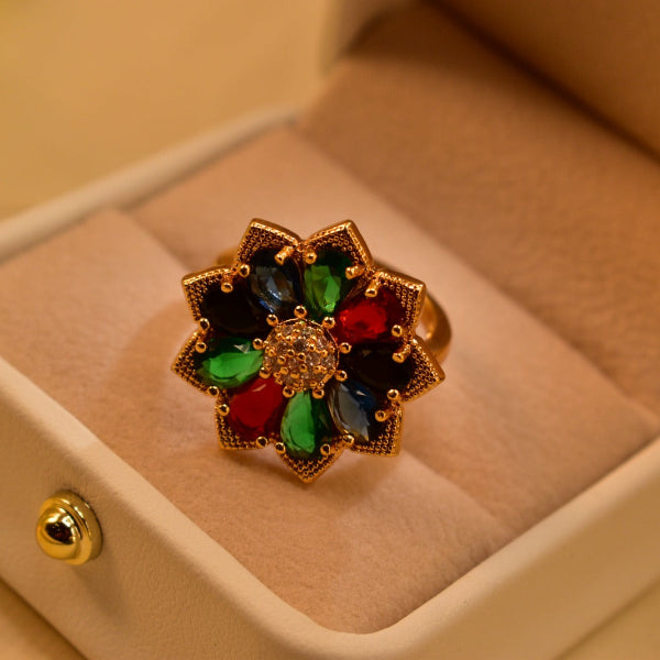Beautiful Flower Design Gold Plated Real Stones Ring For Girls/Women