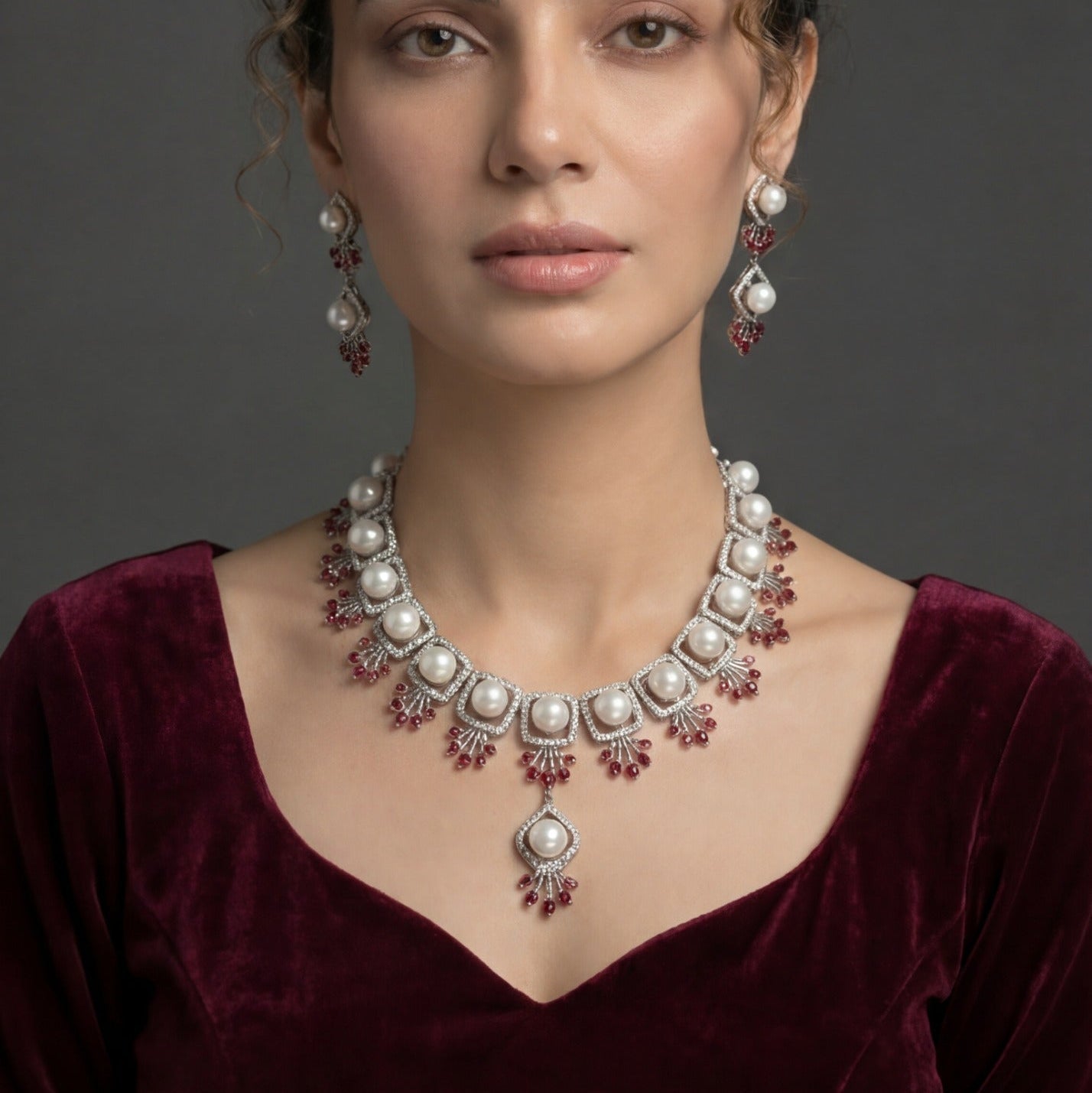 Fancy Design Silver Plated Crystal Stones Necklace Set for Girls/Women