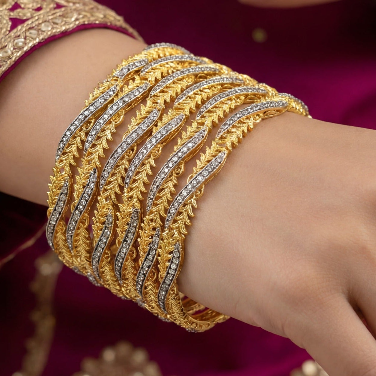 Elegant Design Gold Plated Crystal Stones 6pc Bangle Set for Girls/Women