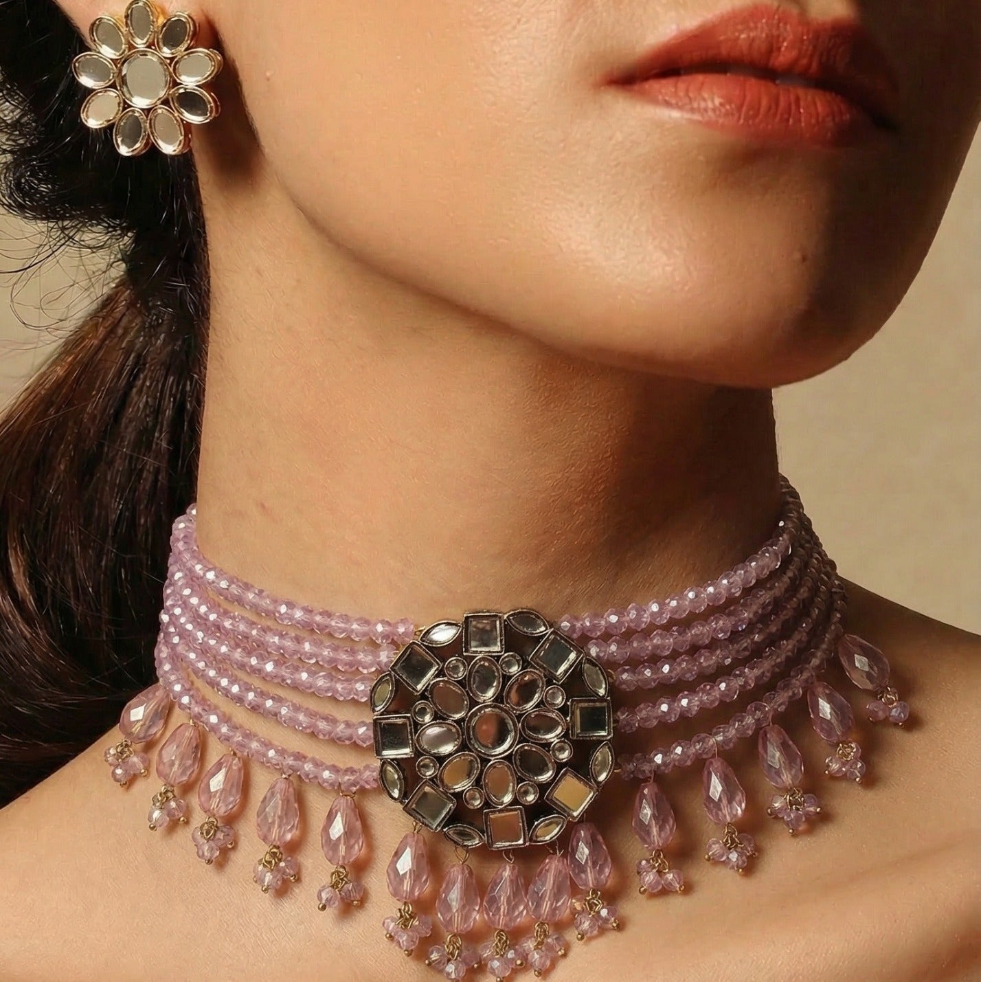 Glamorous Design Gold Plated Crystal Stones Necklace Set for Girls/Women