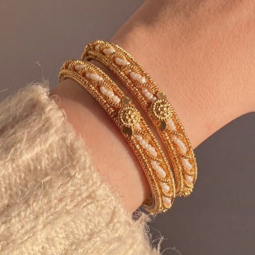 Sparkling Design Gold Plated Pearls 2pc Bangle set For Girls/women