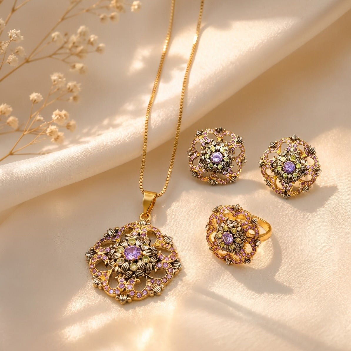 Charming Design Gold Plated Crystal Stones Necklace Set for Girls/Women