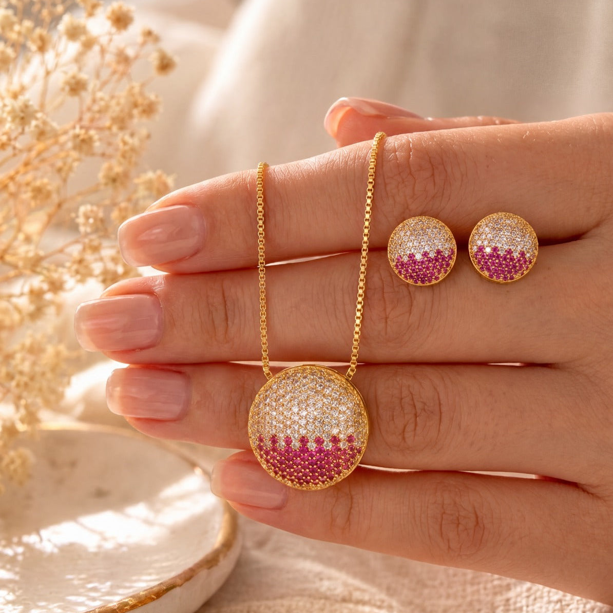 Luxury Design Gold Plated Crystal Stones Necklace Set for Girls/Women