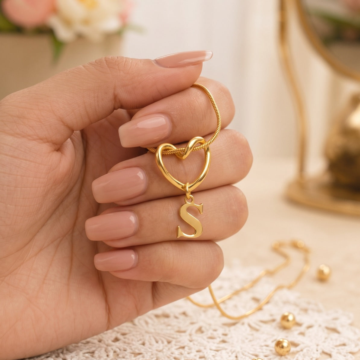 Stylish Heart Design Gold Plated Alphabet Pendant for Girls/Women