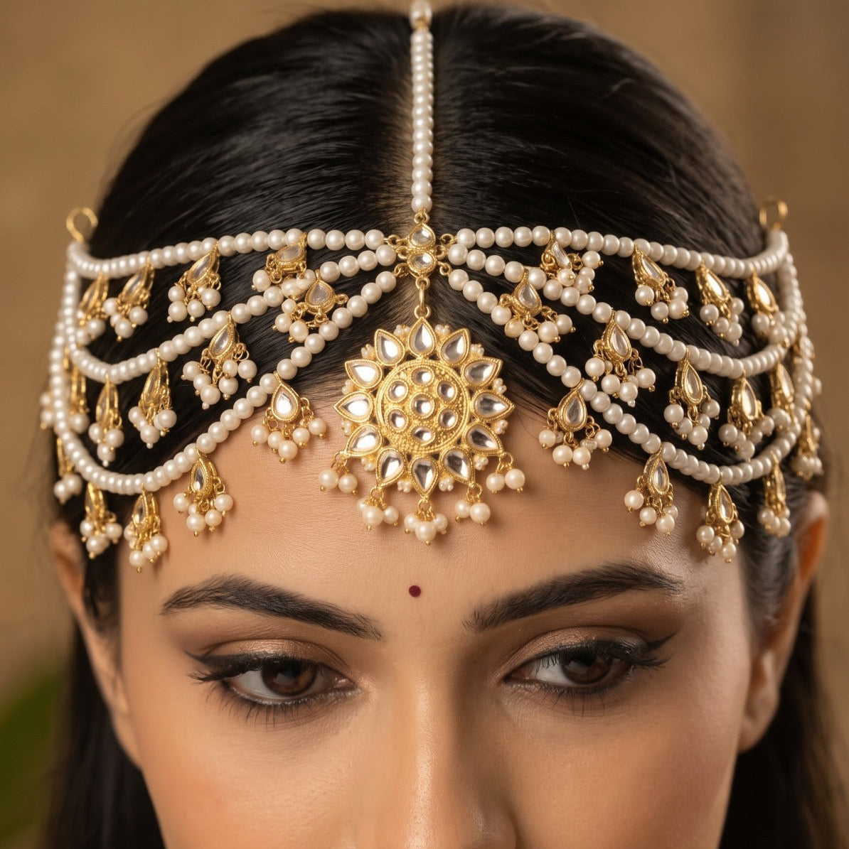 Elegant Design Gold Plated Crystal Stones Matha Pati For Girls/women