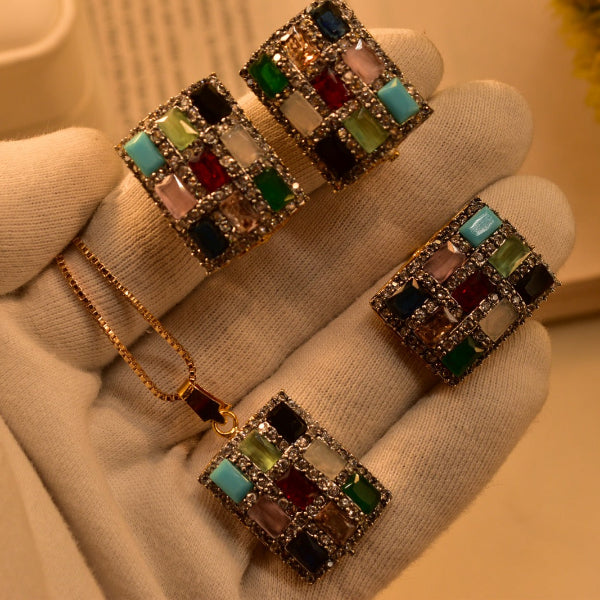 Glamorous Cubic Design Gold Plated Real Stones Necklace Set for Girls/Women