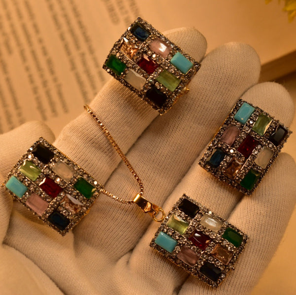 Glamorous Cubic Design Gold Plated Real Stones Necklace Set for Girls/Women