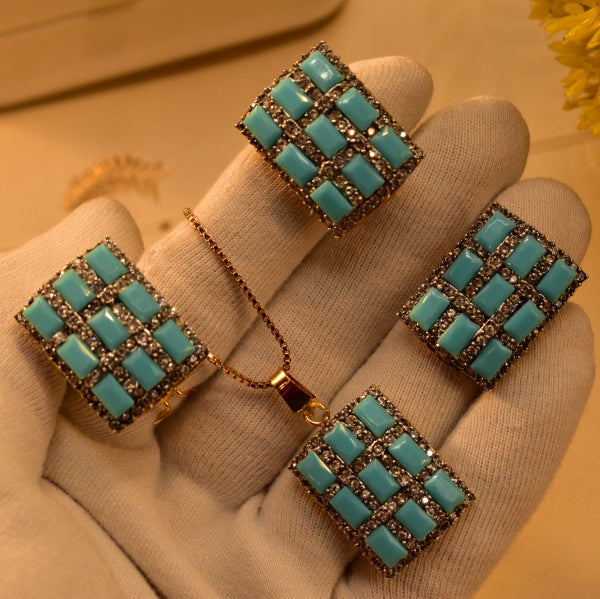 Glamorous Cubic Design Gold Plated Real Stones Necklace Set for Girls/Women
