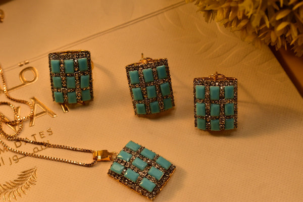 Glamorous Cubic Design Gold Plated Real Stones Necklace Set for Girls/Women