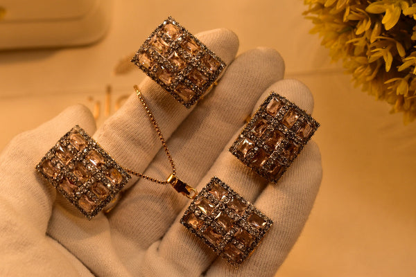 Glamorous Cubic Design Gold Plated Real Stones Necklace Set for Girls/Women