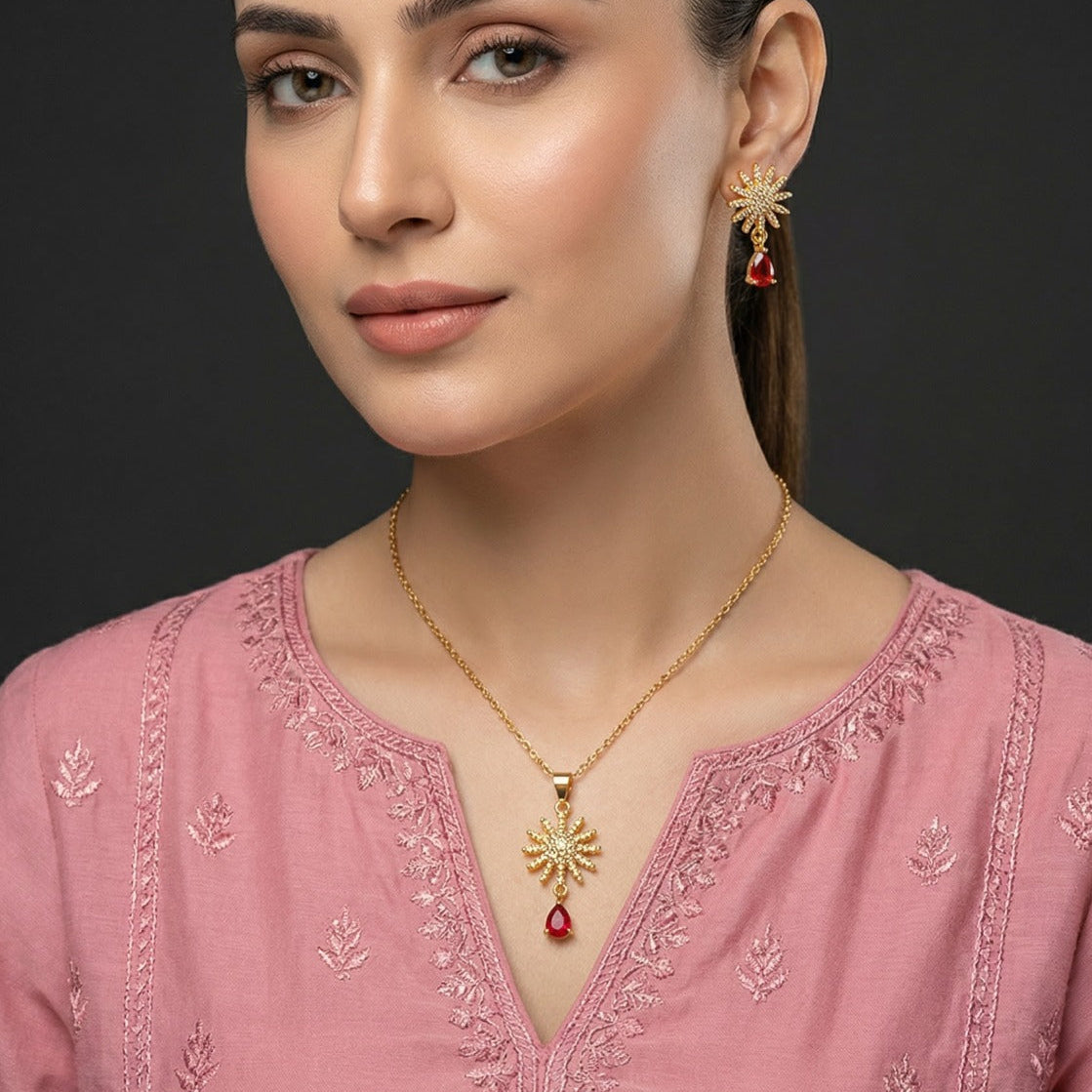 Glamorous Design Gold Plated Crystal Stones Necklace Set for Girls/Women