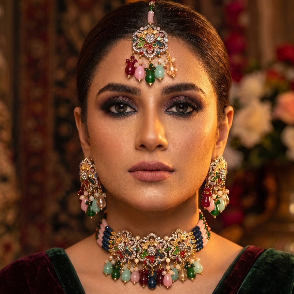 Fancy Gold Plated Crystal Stones Kundan Necklace Set for Girls/Women