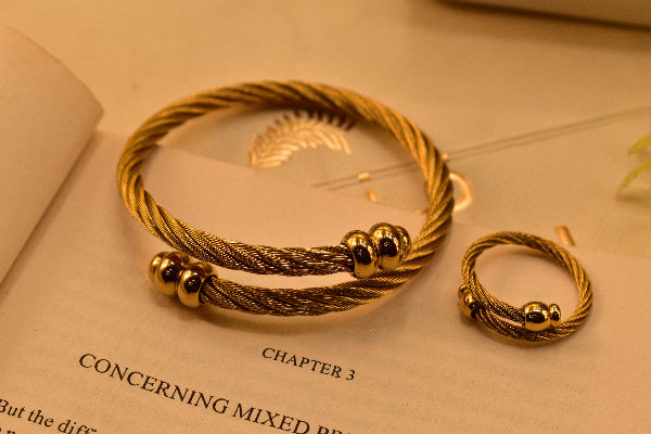 Dazzling Unique Design Gold Plated Bracelet and Ring Set for Girls/Women