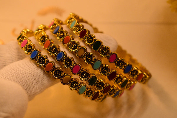 Dazzling Unique Design Multi Stones 4pc Bangle Set for Girls/Women