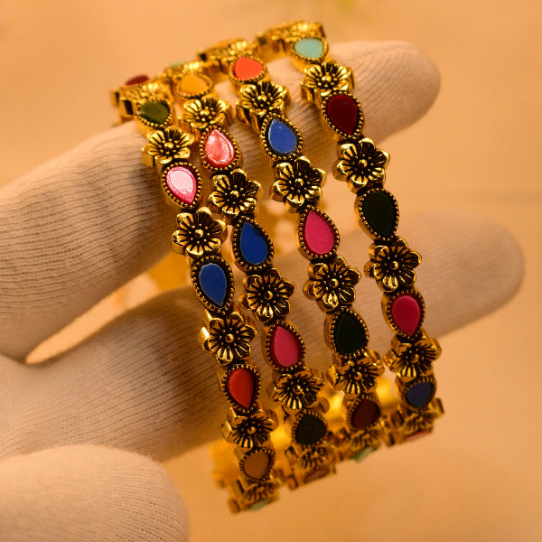 Glamorous Unique Design Multi Stones 4pc Bangle Set for Girls/Women