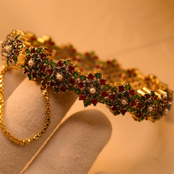 Dazzling Unique Design Gold Plated Real Stones Bangle for Girls/Women
