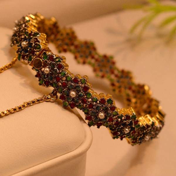 Dazzling Unique Design Gold Plated Real Stones Bangle for Girls/Women