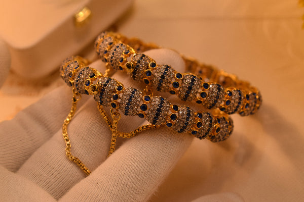 Glamorous Design Gold Plated Crystal Stones 2pc Bangle Set for Girls/Women