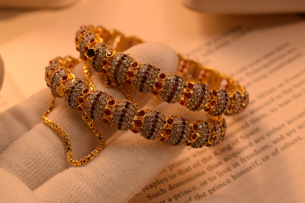 Glamorous Design Gold Plated Crystal Stones 2pc Bangle Set for Girls/Women
