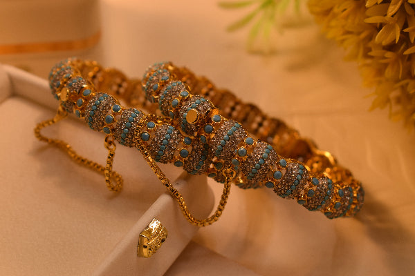Glamorous Design Gold Plated Crystal Stones 2pc Bangle Set for Girls/Women