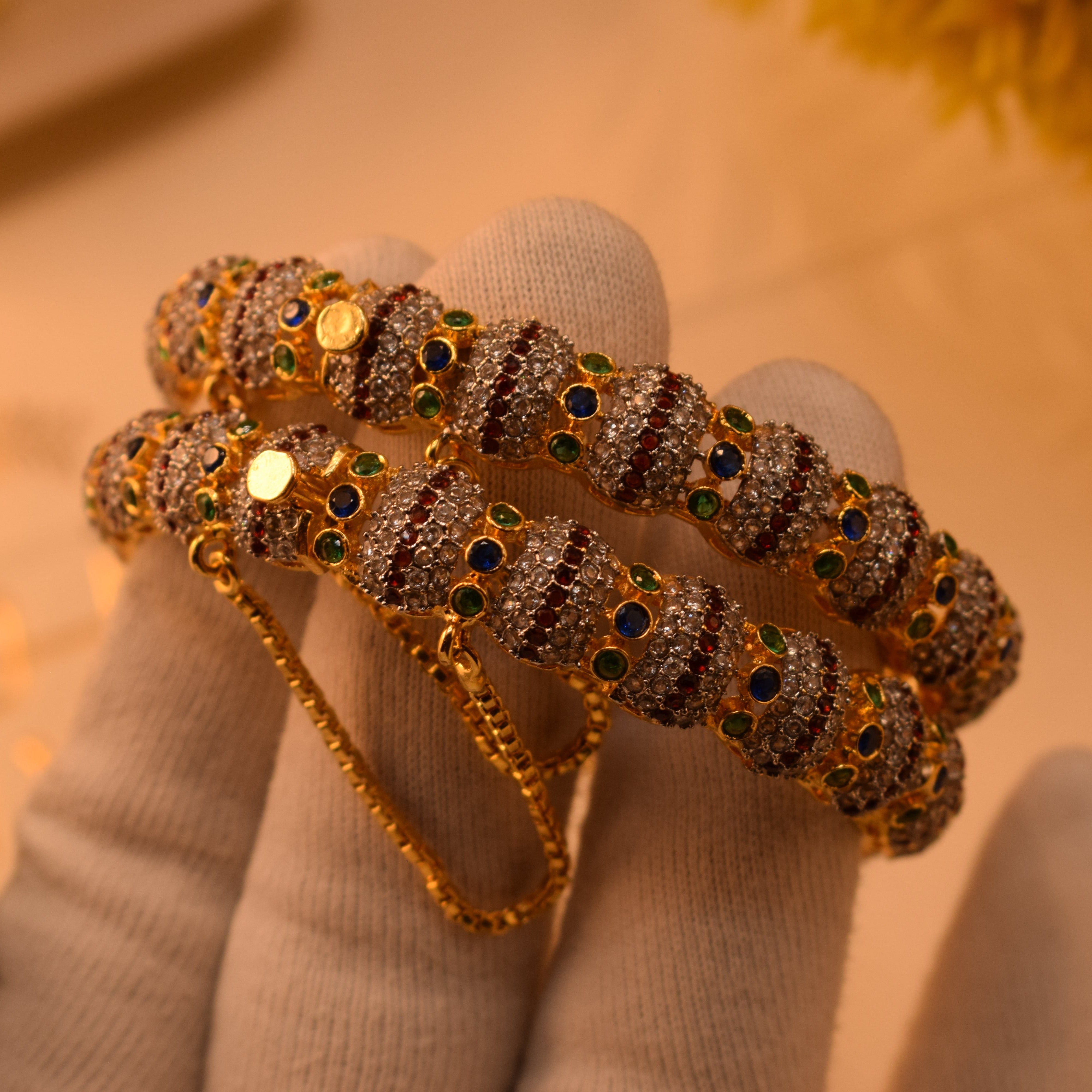 Glamorous Design Gold Plated Crystal Stones 2pc Bangle Set for Girls/Women