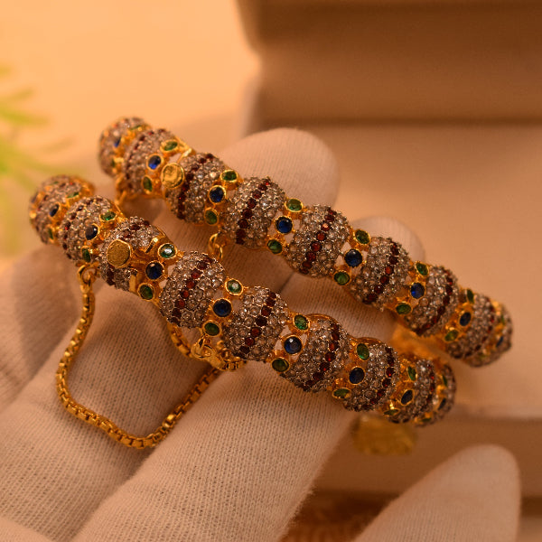Glamorous Design Gold Plated Crystal Stones 2pc Bangle Set for Girls/Women