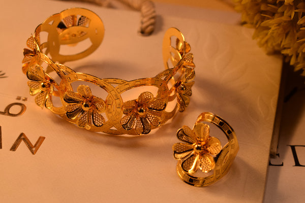 Sparkling Design Gold Plated Bangle and Ring Set for Girls/Women