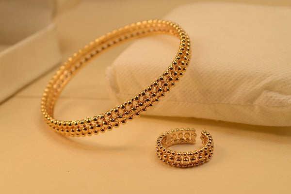 24K One Dip Indian Gold Plated Elegant Desinge Bangles With Adjustable Ring for Girls/Women