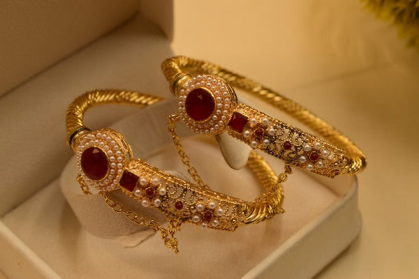 Elegant Design Maroon Stone Gold Plated Bangles for Girls/Women