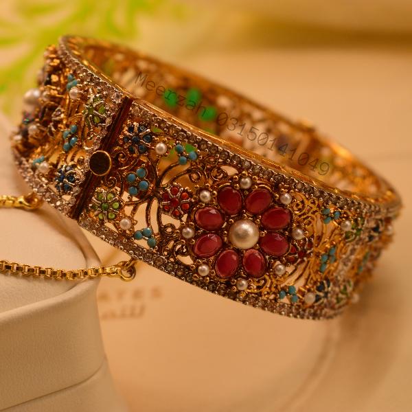 Fancy Elegant Design Multi Stones Gold Plated Bangle for Girls/Women