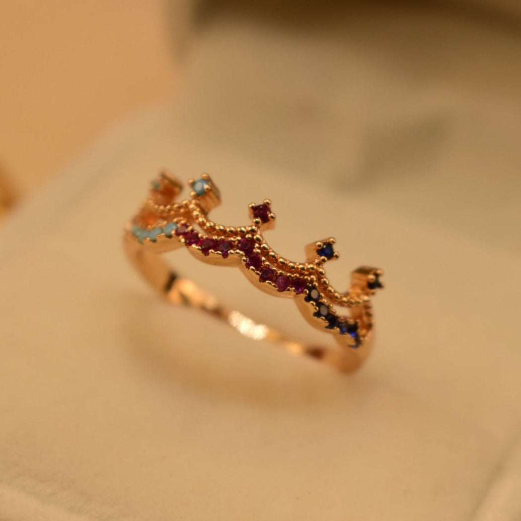 Fancy Crown Design Golden Multicolour Stones Adjustable Ring for Girls/Women