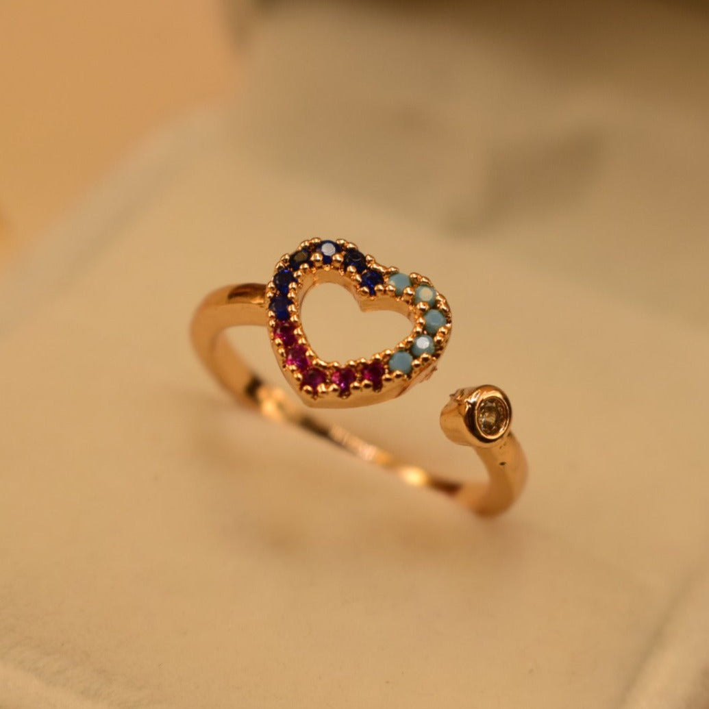 Fancy Heart Design Golden Multicolour Stones Adjustable Ring for Girls/Women