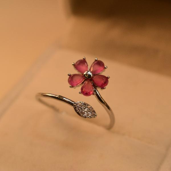 Fancy Flower Design Real Stone Silver Ring For Girls/Women