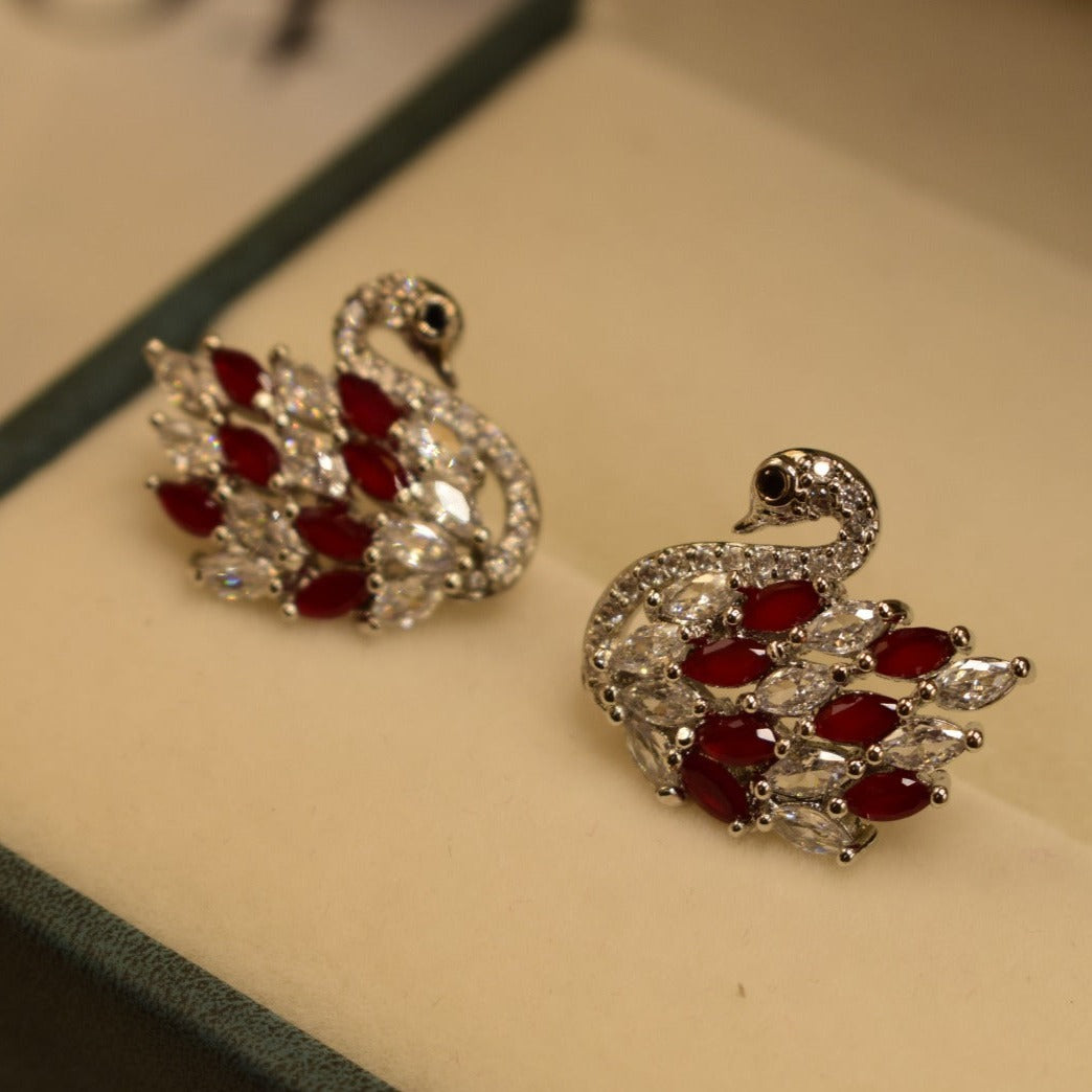 Elegant Swan Design Maroon/Black Crystal Stones Earrings For Girls/Women