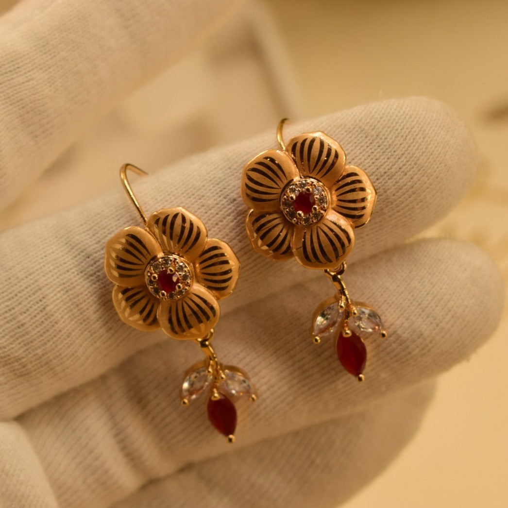 Fancy Design Maroon Stone Golden Earrings For Girls/women.