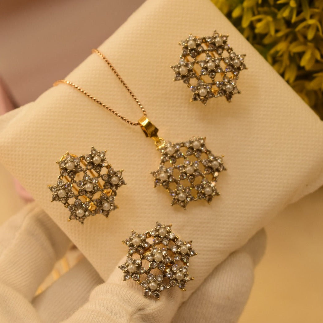 Elegant Design Real Stone Gold Plated Necklace Set With Ring for Girls/Women