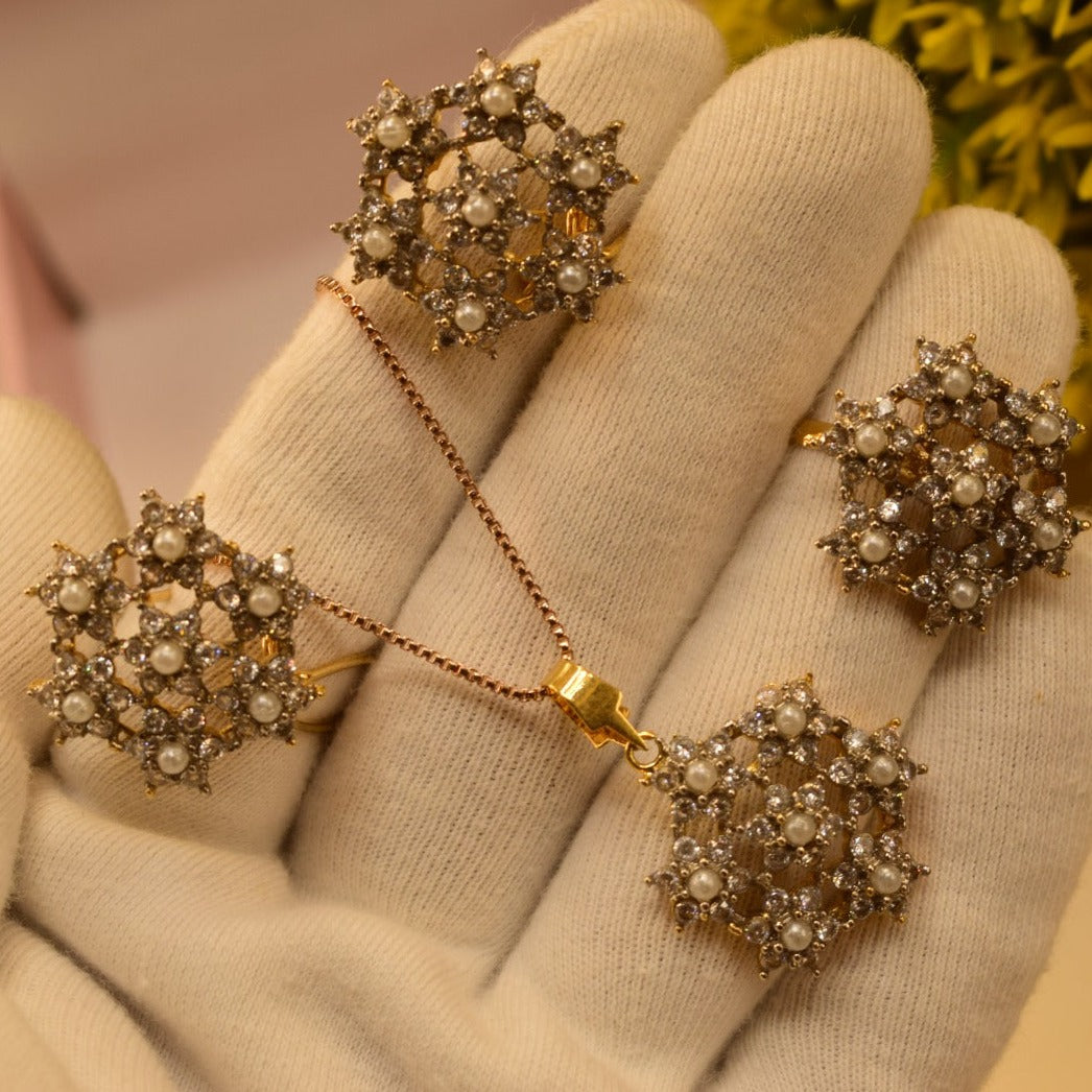 Elegant Design Real Stone Gold Plated Necklace Set With Ring for Girls/Women