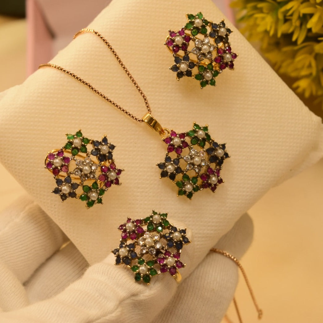 Elegant Design Real Stone Gold Plated Necklace Set With Ring for Girls/Women