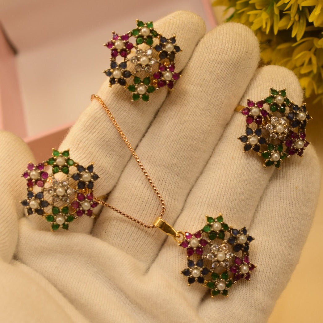 Elegant Design Real Stone Gold Plated Necklace Set With Ring for Girls/Women